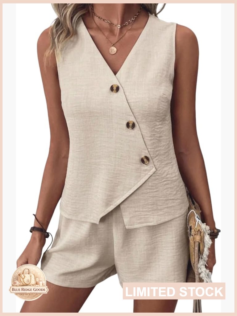 Women's Button Down Vest And High Waisted Shorts Set Sleeveless 2 Piece Outfit